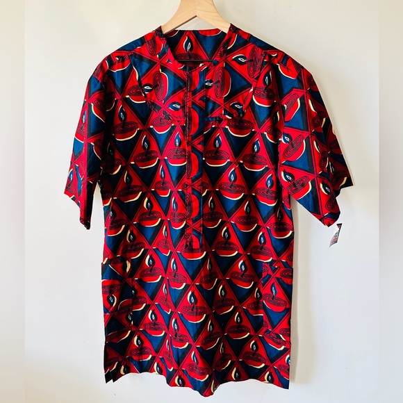 Vintage Multi-Color African Print Cotton Button Down Pullover Shirt Size L - Picture 1 of 5
